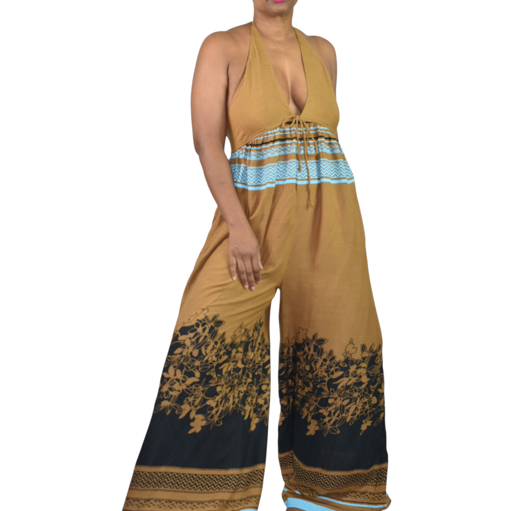 Free People Halter Jumpsuit Brown Open Back Wide Flare Leg Pockets Oversized XS